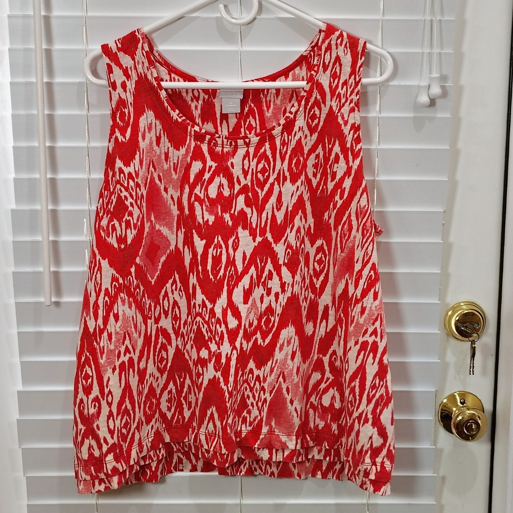 Chicos Tank Top Women 4 XXL Red Ikat Linen Sleeveless Scoop Neck Boho Summer Top